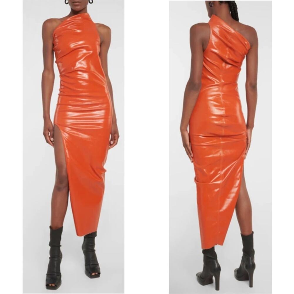 RICK OWENS Athena One Shoulder Coated Denim Bodycon Orange Midi Dress Size 6 - Picture 5 of 16